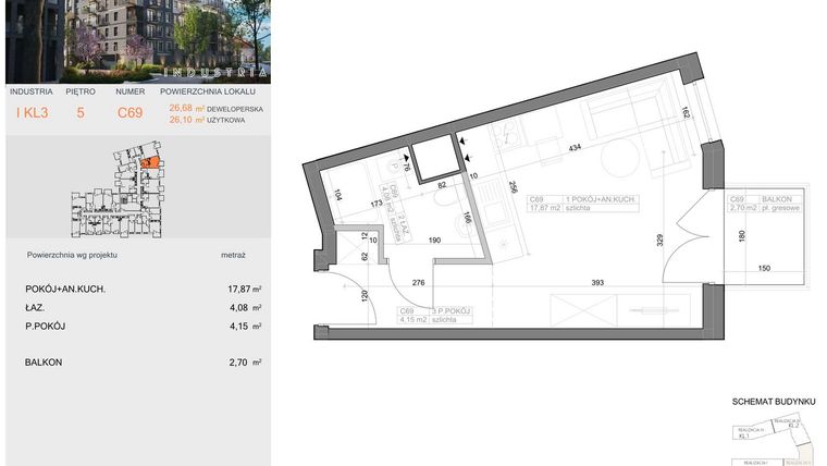 Rzut - Mieszkanie na sprzedaż 1 pokój o powierzchni 26,1 m² - numer I-C69 w Industria etap I-D oraz I-C
