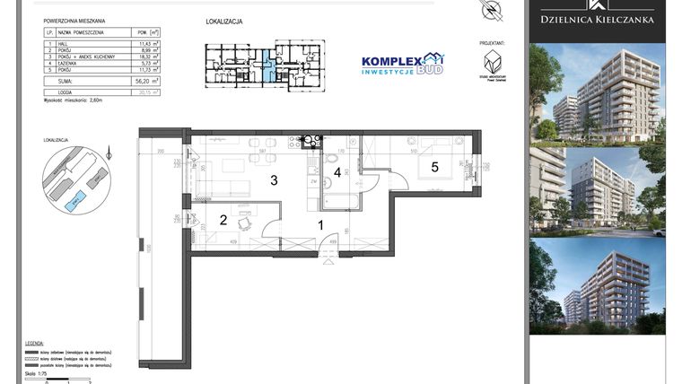 Rzut - Mieszkanie na sprzedaż 3 pokoje o powierzchni 56,2 m² - numer 89 w Dzielnica Kielczanka etap II