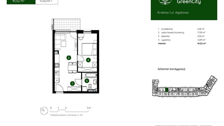 Rzut - Mieszkanie na sprzedaż 2 pokoje o powierzchni 41,52 m² - numer 1.A.0.03 w Murapol GreenCity bud. 1