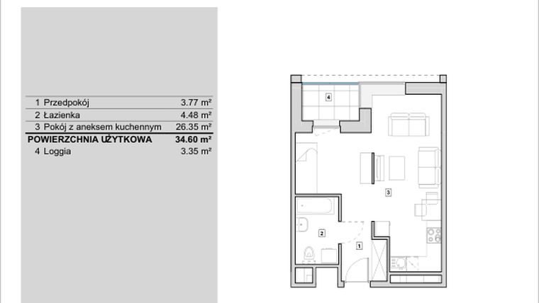 Rzut - Mieszkanie na sprzedaż 1 pokój o powierzchni 34,6 m² - numer H1-A-6-2 w Heyki City