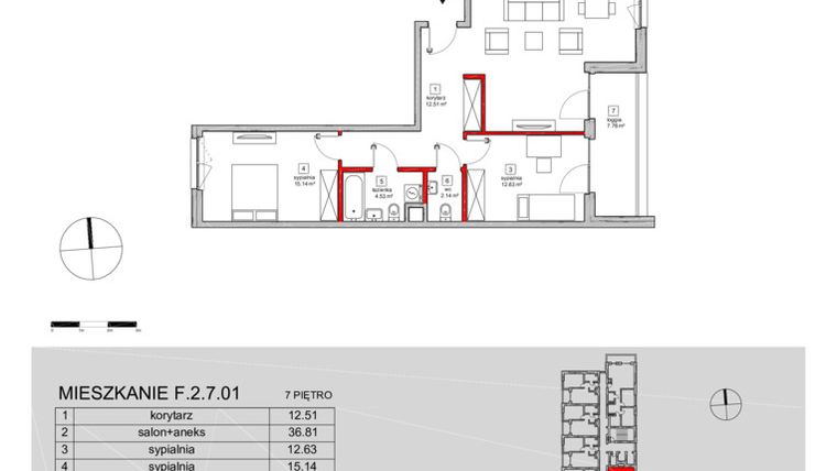 Rzut - Mieszkanie na sprzedaż 3 pokoje o powierzchni 86,08 m² - numer F.2.7.01 w ATAL SKY+ bud. D-F