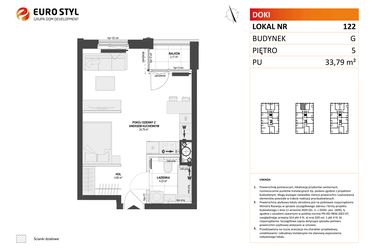 Rzut - Mieszkanie na sprzedaż 1 pokój o powierzchni 33,79 m² - numer G.122 w DOKI Living etap II