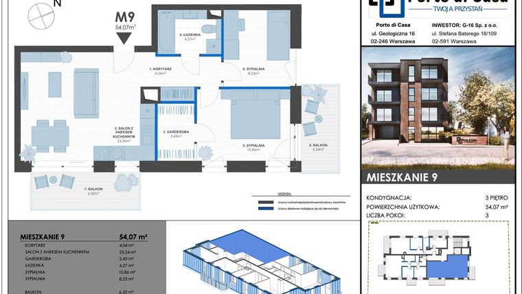 Rzut - Mieszkanie na sprzedaż 3 pokoje o powierzchni 54,07 m² - numer M9 w Porto di Casa - Twoja przystań