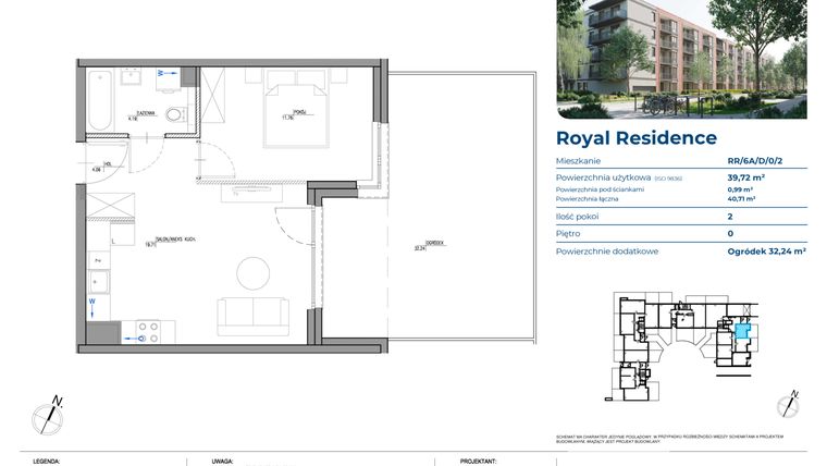 Rzut - Mieszkanie na sprzedaż 2 pokoje o powierzchni 39,72 m² - numer RR/6A/D/0/2 w Royal Residence 6A