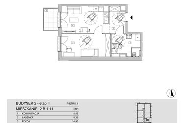 Rzut - Mieszkanie na sprzedaż 2 pokoje o powierzchni 46,16 m² - numer 2.B.1.11 w ATAL Apollina II