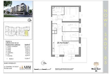 Rzut - Mieszkanie na sprzedaż 4 pokoje o powierzchni 76,25 m² - numer 25 w Nowe Sady 85
