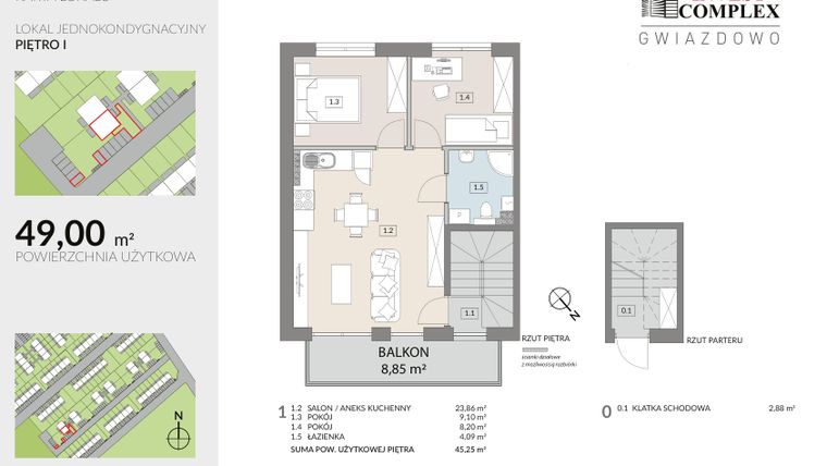 Rzut - Mieszkanie na sprzedaż 3 pokoje o powierzchni 49 m² - numer D10.2 w Osiedle Gwiazdowo etap 8