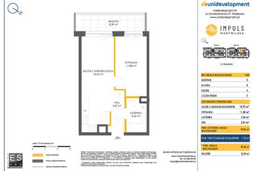 Rzut - Mieszkanie na sprzedaż 2 pokoje o powierzchni 39,03 m² - numer B/105 w Impuls Marywilska