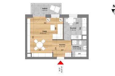 Rzut - Mieszkanie na sprzedaż 1 pokój o powierzchni 43,57 m² - numer M27 w Przy Kochanowskiego
