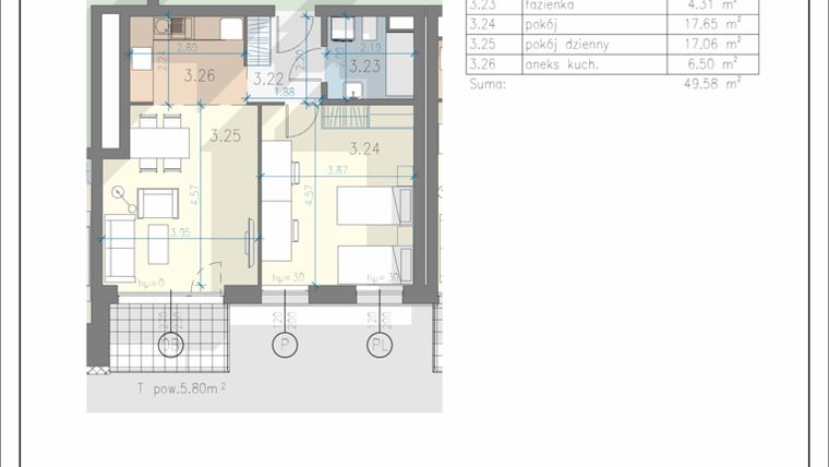 Rzut - Mieszkanie na sprzedaż 2 pokoje o powierzchni 49,58 m² - numer 20 w Residence Przewóz 41