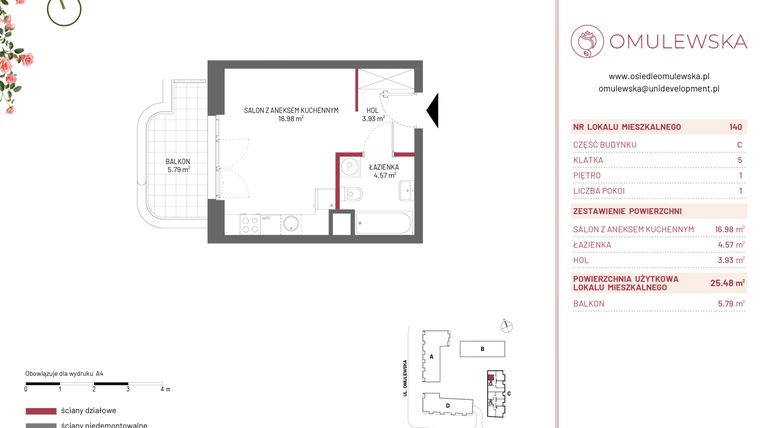 Rzut - Mieszkanie na sprzedaż 1 pokój o powierzchni 25,48 m² - numer C/140 w Omulewska