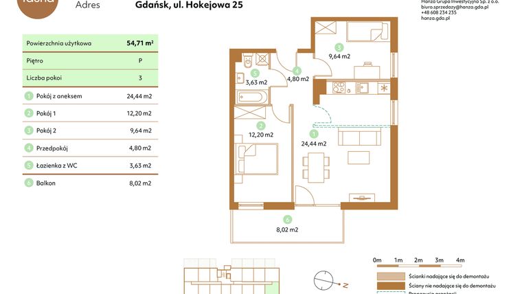 Rzut - Mieszkanie na sprzedaż 3 pokoje o powierzchni 54,71 m² - numer D5-P w Fauna