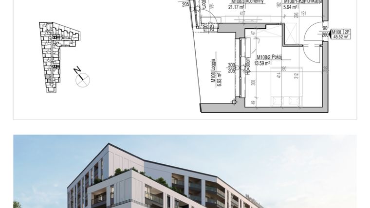 Rzut - Mieszkanie na sprzedaż 2 pokoje o powierzchni 45,52 m² - numer 108 w Aleja
