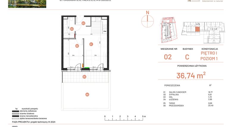 Rzut - Mieszkanie na sprzedaż 2 pokoje o powierzchni 36,74 m² - numer 16.2 w Osiedle Nowe Horyzonty etap II