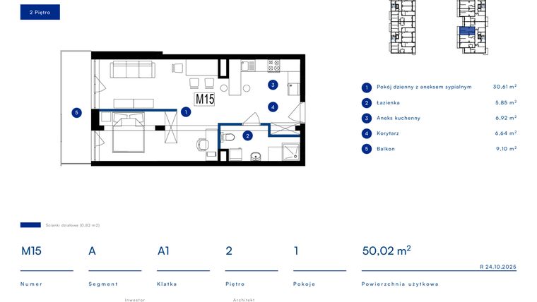 Rzut - Mieszkanie na sprzedaż 1 pokój o powierzchni 50,02 m² - numer 15A w Przy Bursztynowej