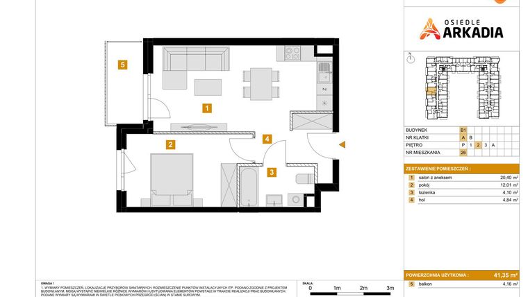 Rzut - Mieszkanie na sprzedaż 2 pokoje o powierzchni 41,35 m² - numer B1.26 w Osiedle Arkadia etap 2