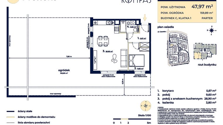 Rzut - Mieszkanie na sprzedaż 2 pokoje o powierzchni 47,97 m² - numer C02 w Osiedle Kompas
