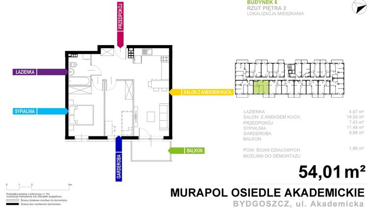 Rzut - Mieszkanie na sprzedaż 2 pokoje o powierzchni 54,01 m² - numer 5.A.2.12 w Murapol Osiedle Akademickie
