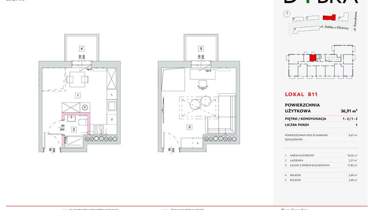 Rzut - Mieszkanie na sprzedaż 1 pokój o powierzchni 36,91 m² - numer B11 w Dobka