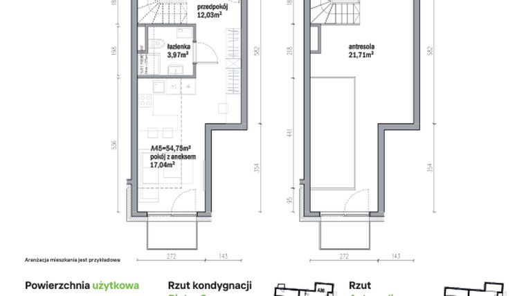 Rzut - Mieszkanie na sprzedaż 2 pokoje o powierzchni 54,75 m² - numer A45 w Traugutta Vita