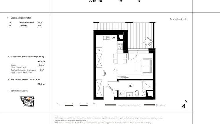 Rzut - Mieszkanie na sprzedaż 1 pokój o powierzchni 28,62 m² - numer A.M.19 w VIDOK