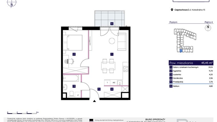 Rzut - Mieszkanie na sprzedaż 2 pokoje o powierzchni 45,45 m² - numer 15/127 w Osiedle Neonowe