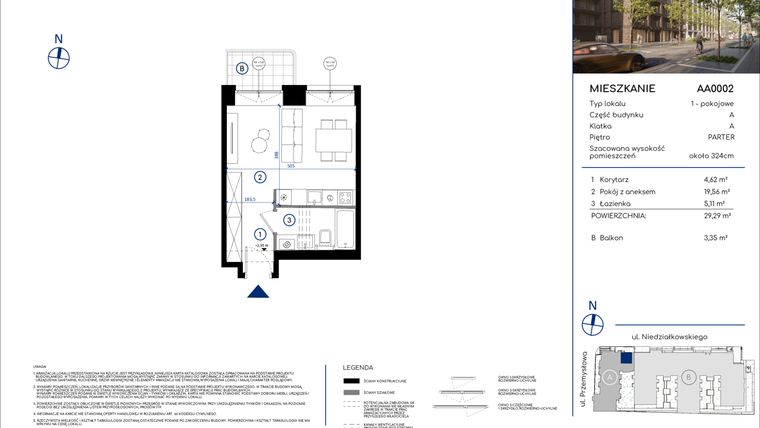 Rzut - Mieszkanie na sprzedaż 1 pokój o powierzchni 29,29 m² - numer AA0002 w Niedziałkowskiego Park