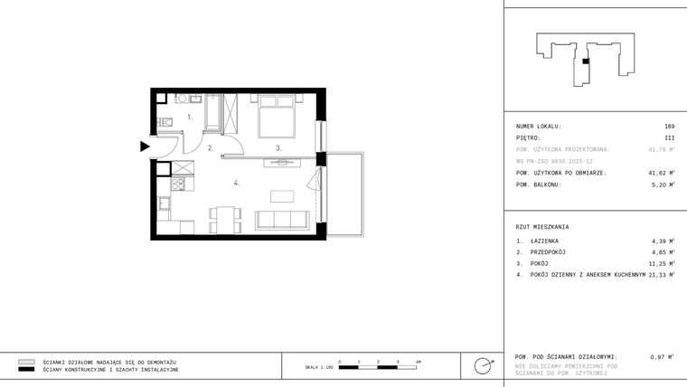Rzut - Mieszkanie na sprzedaż 2 pokoje o powierzchni 41,62 m² - numer 3.A33 w Staszica 3