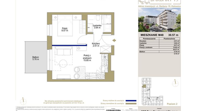 Rzut - Mieszkanie na sprzedaż 2 pokoje o powierzchni 30,57 m² - numer M48 w Barbary 19