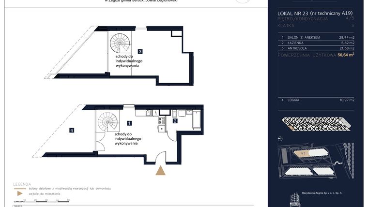 Rzut - Mieszkanie na sprzedaż 1 pokój o powierzchni 56,64 m² - numer A19 w Rezydencja Zegrze etap II