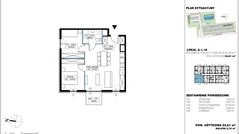 Rzut - Mieszkanie na sprzedaż 3 pokoje o powierzchni 55,08 m² - numer A.1.16 w Jabłonova