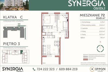 Rzut - Mieszkanie na sprzedaż 3 pokoje o powierzchni 53,49 m² - numer M72 w SYNERGIA