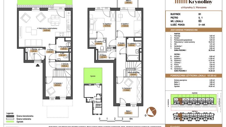 Rzut - Mieszkanie na sprzedaż 5 pokoi o powierzchni 107,09 m² - numer 03.B1 w Apartamenty Krynoliny