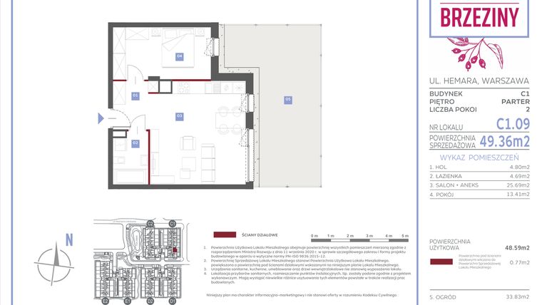 Rzut - Mieszkanie na sprzedaż 2 pokoje o powierzchni 49,36 m² - numer C1.09 w Miasteczko Brzeziny II