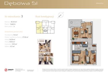 Rzut - Mieszkanie na sprzedaż 3 pokoje o powierzchni 65,33 m² - numer 51B.M3 w Dębowa 51
