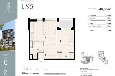 Rzut - Mieszkanie na sprzedaż 2 pokoje o powierzchni 46,56 m² - numer L95 w Sky Trust etap II - apartamenty inwestycyjne 23% VAT PRS