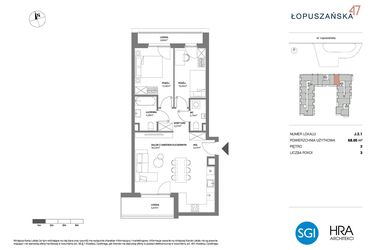 Rzut - Mieszkanie na sprzedaż 3 pokoje o powierzchni 68,05 m² - numer J.2.1 w Łopuszańska 47 - etap 3