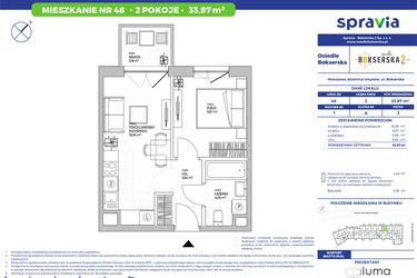 Rzut - Mieszkanie na sprzedaż 2 pokoje o powierzchni 33,97 m² - numer B1.48 w Osiedle Bokserska 2