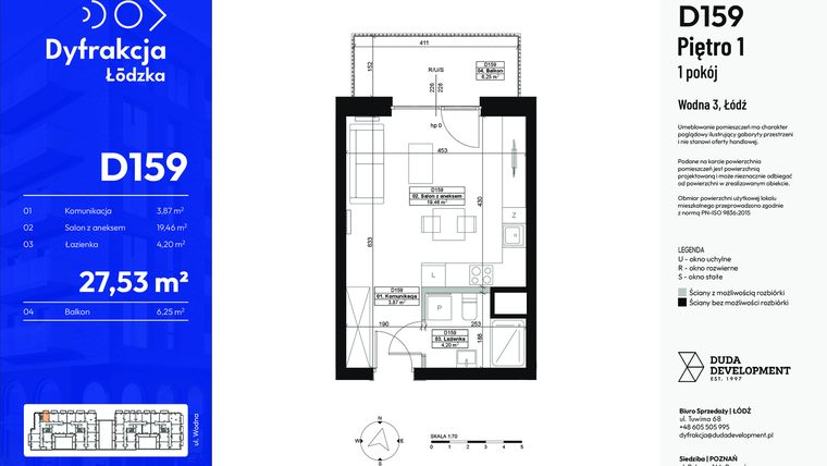 Rzut - Mieszkanie na sprzedaż 1 pokój o powierzchni 27,53 m² - numer D159 w Dyfrakcja Łódzka - bud. CD