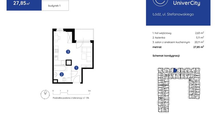 Rzut - Mieszkanie na sprzedaż 1 pokój o powierzchni 27,85 m² - numer 1.B.5.12 w Murapol UniverCity