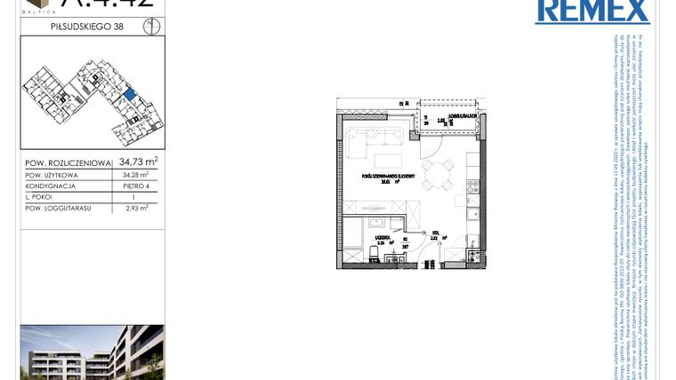 Rzut - Mieszkanie na sprzedaż 1 pokój o powierzchni 34,73 m² - numer A.4.42 w Osiedle BALTICA
