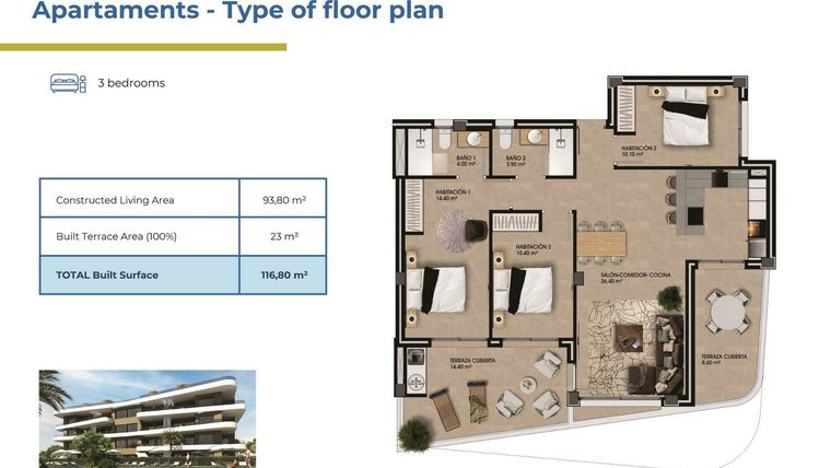 Rzut - Mieszkanie na sprzedaż 3 pokoje o powierzchni 116,8 m² - numer 5-2 w Apartamenty w Orihuela - 73289875