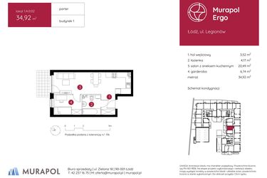 Rzut - Mieszkanie na sprzedaż 1 pokój o powierzchni 34,92 m² - numer 1.A.0.02 w Murapol Ergo