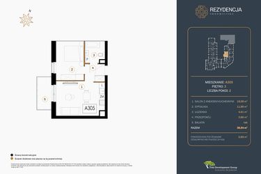 Rzut - Mieszkanie na sprzedaż 2 pokoje o powierzchni 38,54 m² - numer A.305 w Rezydencja Śródmiejska