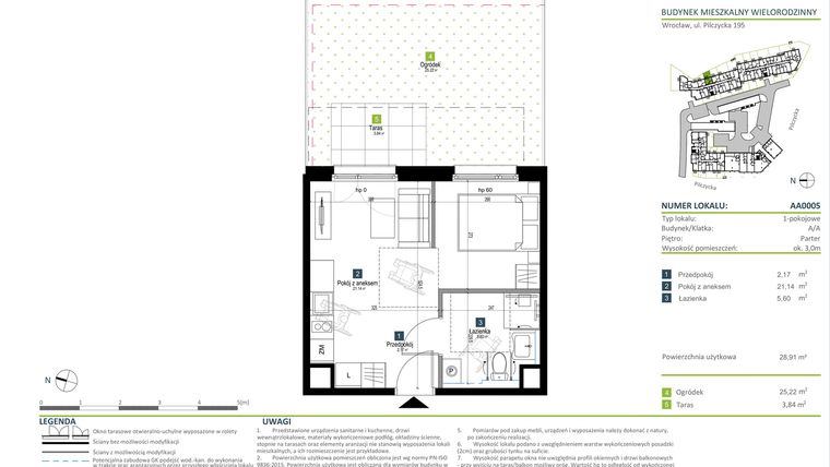 Rzut - Mieszkanie na sprzedaż 1 pokój o powierzchni 28,91 m² - numer AA0005 w Pilczycka Vita