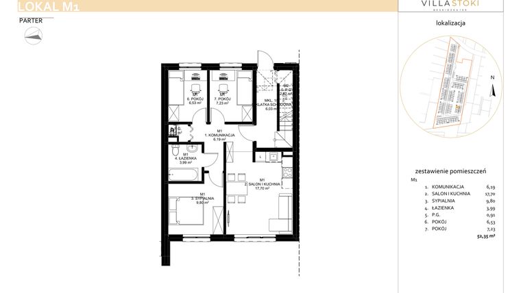 Rzut - Mieszkanie na sprzedaż 4 pokoje o powierzchni 52,35 m² - numer M1 w Villa Stoki (mieszkania)