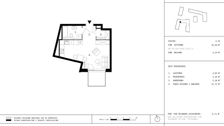 Rzut - Mieszkanie na sprzedaż 1 pokój o powierzchni 31,82 m² - numer 193 w 28 czerwca 1956 r.