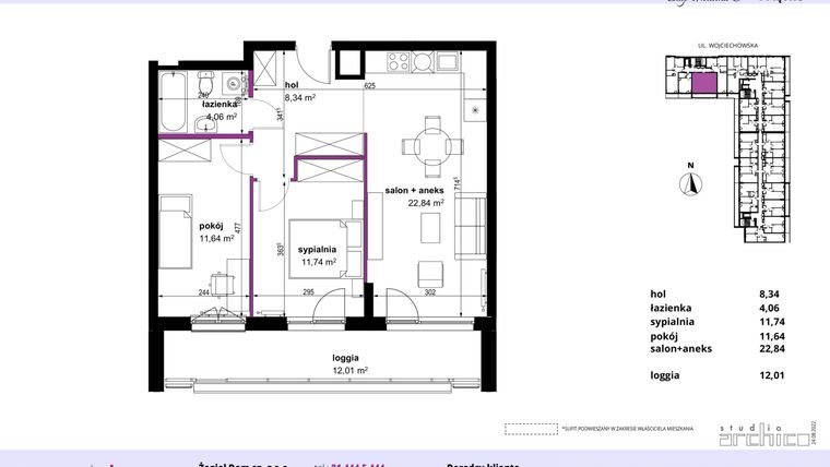 Rzut - Mieszkanie na sprzedaż 3 pokoje o powierzchni 58,62 m² - numer 129 w Wojciechowska Square