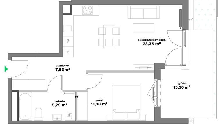 Rzut - Mieszkanie na sprzedaż 2 pokoje o powierzchni 47,98 m² - numer B1-1 w Forma Otwarta etap II