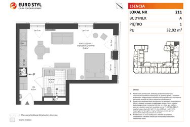Rzut - Mieszkanie na sprzedaż 1 pokój o powierzchni 32,92 m² - numer A.211 w Esencja - Apartamenty inwestycyjne